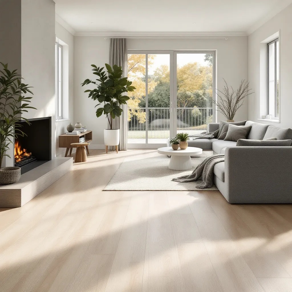 Modern living room with wide plank light oak LVP flooring and minimalist furniture.